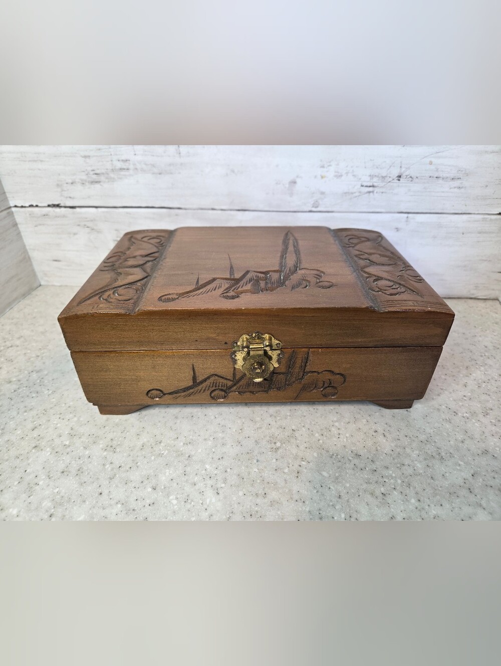 Vintage Carved Wood Jewelry Box Mirror Red Velvet Trinket Ring Storage Asian